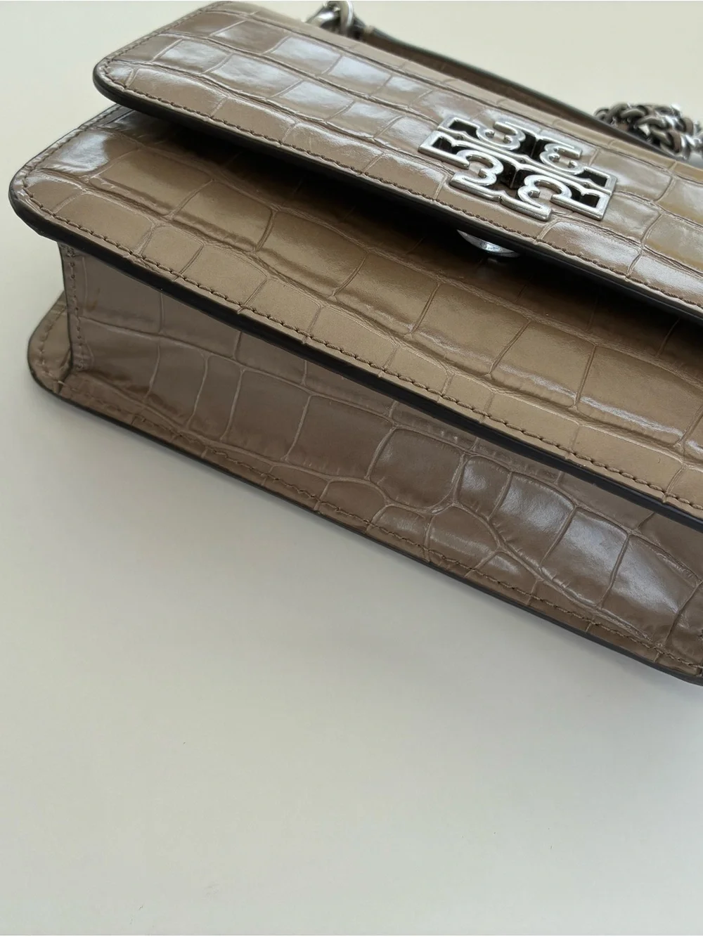 Tory Burch Taupe Croc-Embossed Chain Crossbody Bag